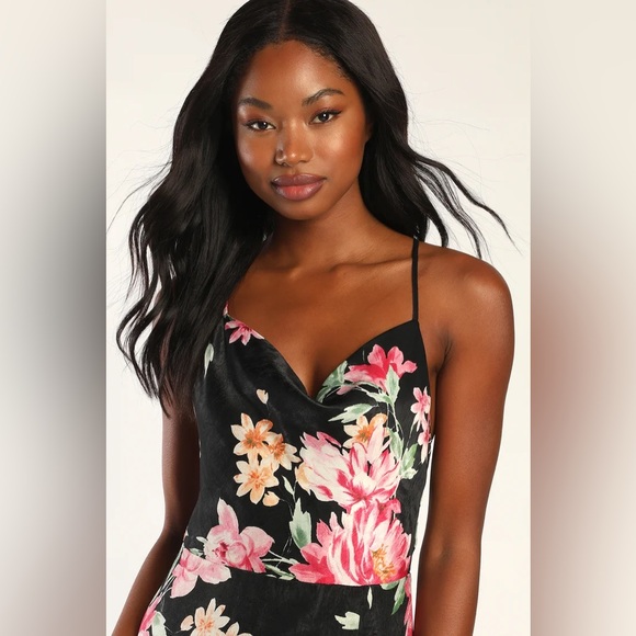 NWOT Love of Romance Black Floral Flowers Print Satin Cowl Neck Maxi Dress L - Picture 4 of 9